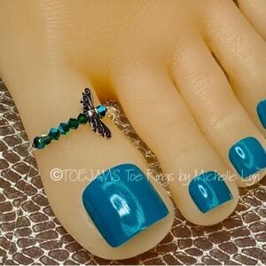 TOE RING Silvery Dragonfly with Swarovski Green Iridescent Crystals Big Toe Ring